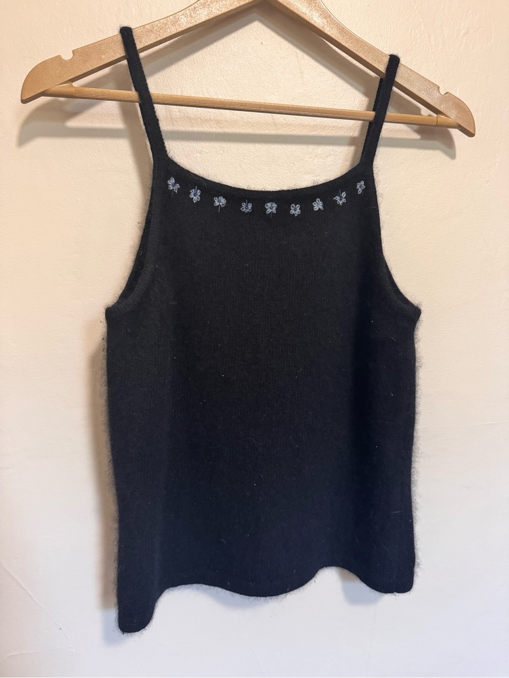 Black Vintage Angora wool Knit Tank Top with Embroidered Detail